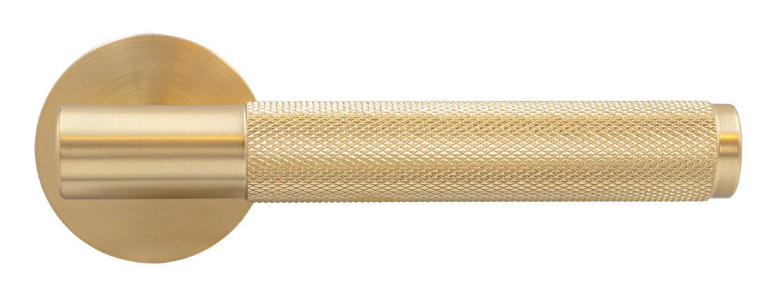 Ручка дверная AZRIELI MH-57-R6T MSG раздельная на круглой розетке, цвет матовый сатинированный золото, ЦАМ фото купить в СПб