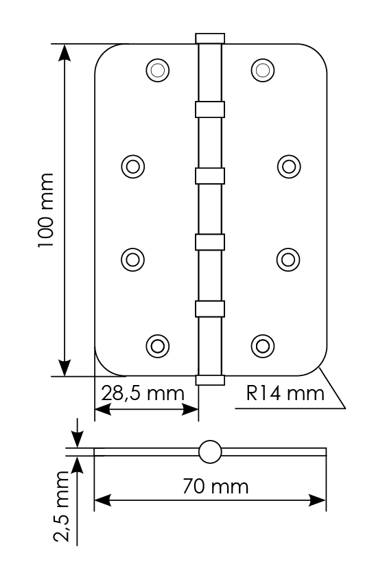 Петля стальная MSN-C 100X70X2.5-4BB SN скругленная универсальная с подшипником, вес полотна до 40 кг, цвет белый никель фото купить в СПб