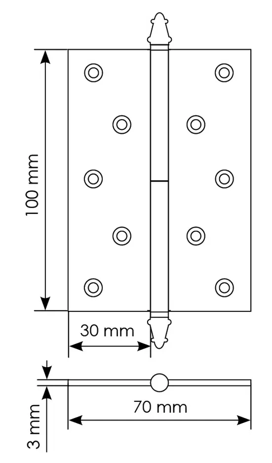 Петля разъемная латунная карточная MB 100X70X3 SG R C с коронкой правая, врезная цвет матовое золото фото купить в СПб